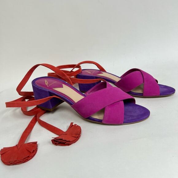 Brian Atwood Astor Colorblock Lace Up Sandals Pink Purple Suede Heels Size 7 - Picture 9 of 9